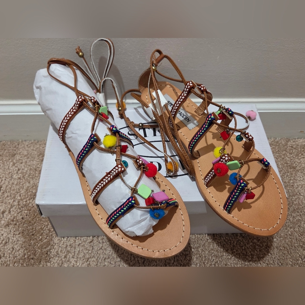 Steve Madden Women’s Multi-Color Pom Pom Gladiator Sandals